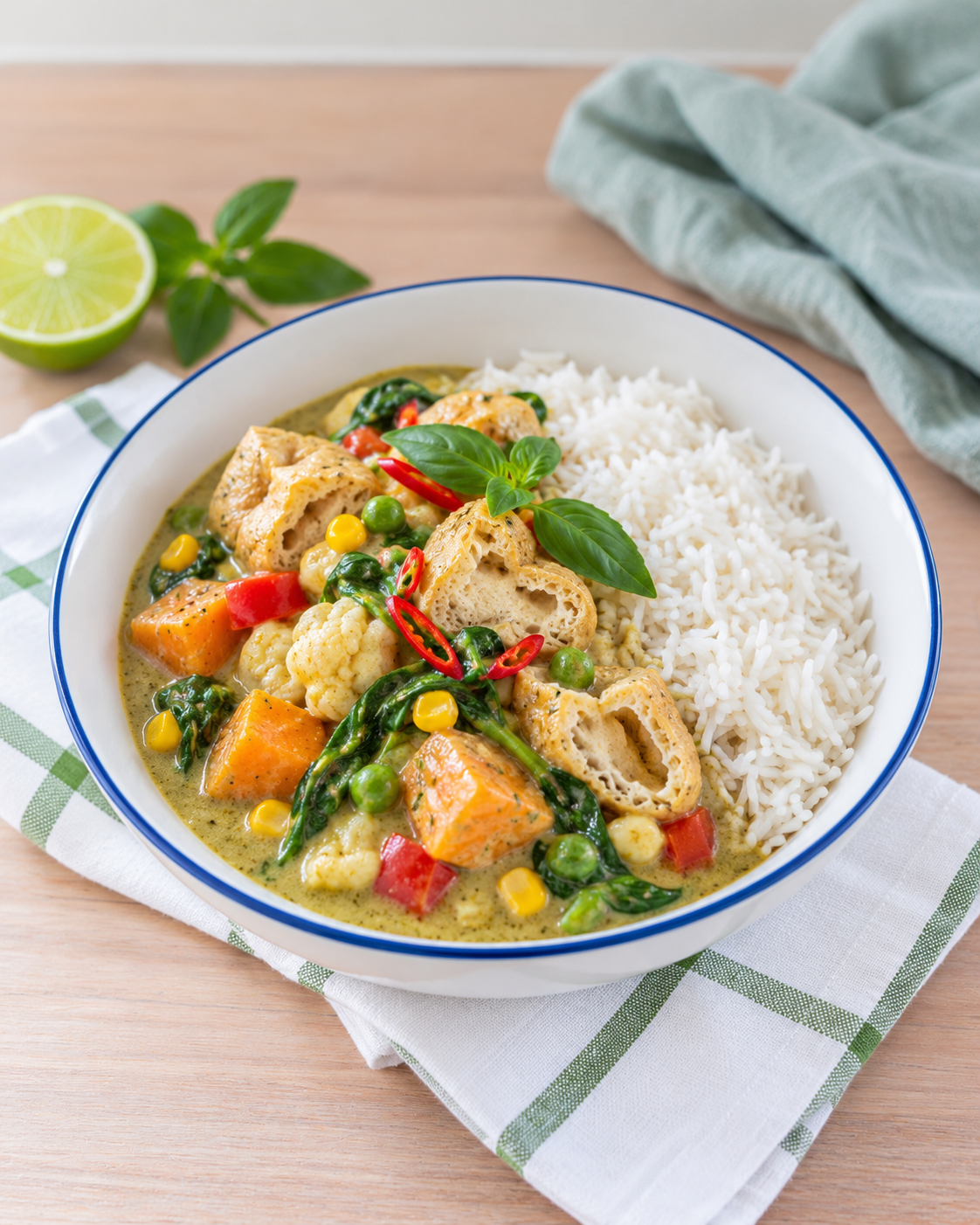 Thai Green Vegetable Curry with Tofu Puffs