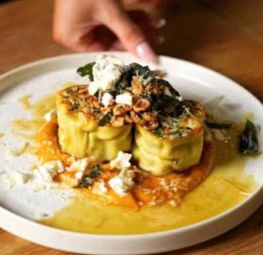 LE DAUPHIN AND PUMPKIN ROTOLO WITH WHITE WINE VELOUTÉ AND WALNUT CRUMB