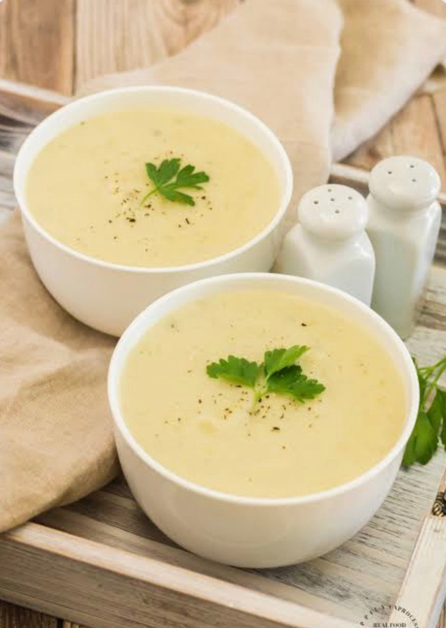 LEEK, CELERIAC AND MANCHEGO SOUP with roasted garlic